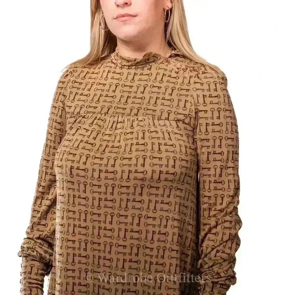 Juicy Couture Brown Silk Key Print Mock Collared Long Sleeve Mini Dress - S - Picture 7 of 9